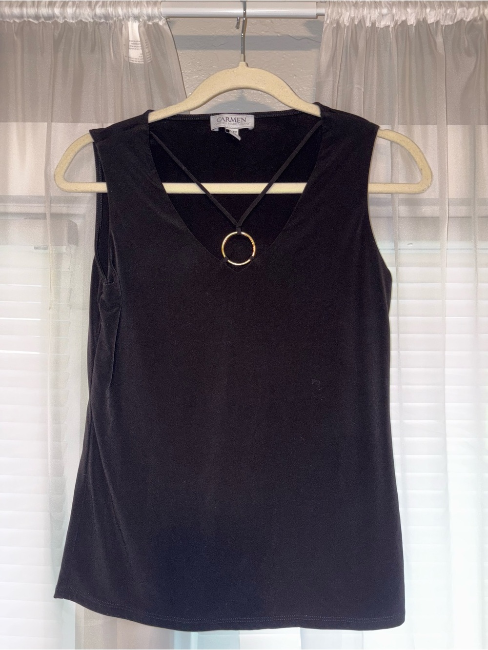 Carmen Marc Valvo Black Sleeveless V-Neck Tank with Gold Ring Accent